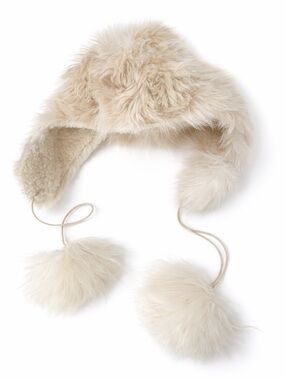 Shearling Fur Trapper Hat Cream Ear Flap Pom Winter Cozy